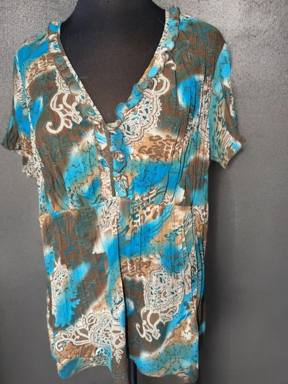 Notations 1X Sheer Ruffle V-Neck Paisley Abstract Print Blouse Plus Size